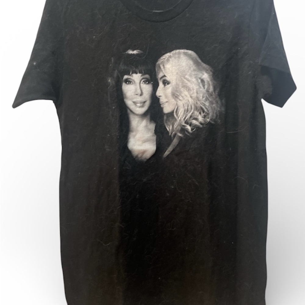 Black Graphic T-Shirt with Portrait Design of Cher